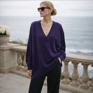 Vtg 80s Designer Wool Deep Purple V-Neck Old Money Tunic Oversized Sweater Sz M
